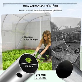 Outsunny Seră tunel de grădină 24 m², seră tunel cu cadru din oțel galvanizat, uși și 2 ferestre mari, alb | Aosom Romania