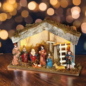 Scena Nașterii Solight LED de Crăciun din lemn, 6x LED, 26 x 17 cm, 2x AA