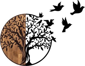 Decoratiune perete TREE AND BIRDS 322, negru/nuc, metal/lemn, 92x3x71