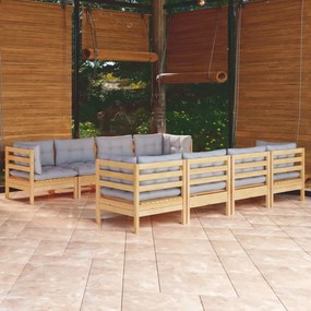 3096165 vidaXL Set mobilier de grădină cu perne gri, 9 piese, lemn masiv pin