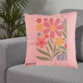 Perna Decorativa Flori Grafice Roz Pastel, 40x40 cm, Roz, Husa Detasabila, Perna Inclusa, BEKZ®