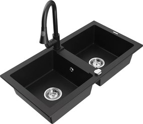 Mexen Mario chiuvetă de bucătărie din granit cu 2 compartimente și baterie de bucătărie Elia, negru - 6504-77-670101-70