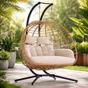 Fotoliu leagan dublu suspendat în formă de ou cu suport, hamac pentru terasă, balansoar pentru 2 persoane, cu perne detasabile, pentru interior, gazon, grădină, Bej