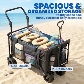 Outsunny Cărucior de grădină pliabil cu roți mari blocabile, bară reglabilă și suport pentru pahare pentru camping 125x59x133 cm Negru | Aosom Romania