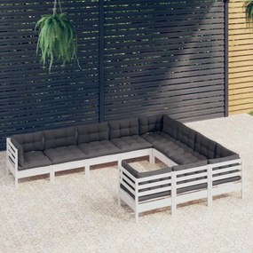 3096996 vidaXL Set mobilier grădină cu perne, 10 piese, alb, lemn de pin