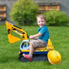 HOMCOM Buldozer Jucarie cu Excavator Manual Scaun Rotativ si Casca, Jucarie prevazuta cu Loc, Copii 2-3 ani, 77x26x55cm, Galben