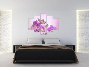 Tablou - Fluture pe flori de orhidee, liliac (150x105 cm)