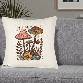 Perna Decorativa Ciuperci Boho Multicolore, 40x40 cm, Crem Reliefat, Husa Detasabila, Perna Inclusa, BEKZ®