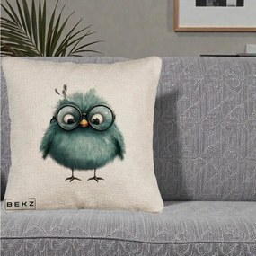 Perna Decorativa Pui Teal cu Ochelari Rotunzi, 40x40 cm, Bej Canapea, Husa Detasabila, Perna Inclusa, BEKZ®