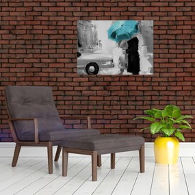 Tablou pe sticlă - Cuplu în dragoste cu umbrelă, albastru (70x50 cm)