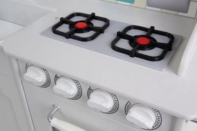 Bucătărie de jucărie din lemn pentru copii cu iluminare LED, accesorii și efecte sonore