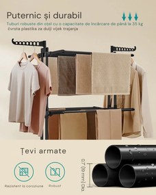 Uscător de rufe ELTON cu 4 niveluri pe roți, 63,5x128x173cm, negru SongmicsHome