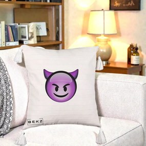 Perna Decorativa Emoji Diavol Mov, 40x40 cm, Bej cu Franjuri, Husa Detasabila, Perna Inclusa, BEKZ®