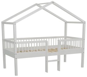 Pat Casă Înălțat Forrest Beech 90x200 cm, pentru Camera Copii, din Lemn de Fag Lăcuit Alb, cu Scară, Sertare și Set Textil – Vipack