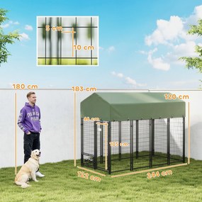 PawHut Țarc pentru Câini de Exterior din Oțel cu Acoperiș din Material Oxford, Anti-UV, Impermeabil, 2 Boluri, Verde | Aosom Romania