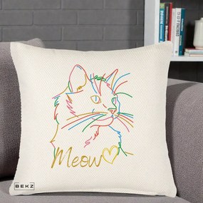Perna Personalizata Pisica Meow Arta Linie Colorata, 40x40 cm, Crem Reliefat, Husa Detasabila, Perna Inclusa, BEKZ®