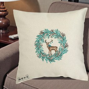 Perna Decorativa Coroana Turcoaz cu Ren, 40x40 cm, Ecru, Husa Detasabila, Perna Inclusa, BEKZ®
