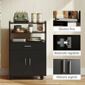 HOMCOM Dulap pentru Cuptorul cu Microunde cu Roți, Bufet de Bucătărie cu Sertar, Blat pentru Aparate, Dulap cu 2 Uși, Raft Retractabil și Raft Deschis, Cărucior de Bucătărie pentru Sufragerie, 59x40x92cm, Negru | Aosom Romania