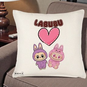 Perna Personalizata Labubu Cuplu Inima, 40x40 cm, Crem Reliefat, Husa Detasabila, Perna Inclusa, BEKZ®