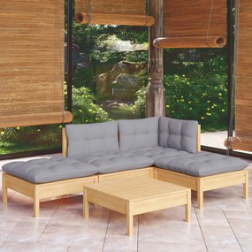 Set mobilier gradina cu perne gri, 5 piese, lemn masiv pin Maro  si gri, 5