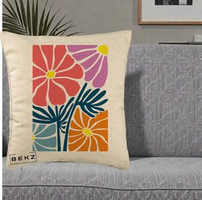 Perna Decorativa Flori Grafice Roz-Orange-Albastru, 40x40 cm, Bej, Husa Detasabila, Perna Inclusa, BEKZ®