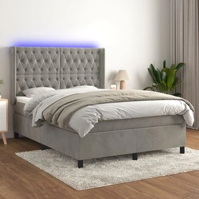 3139739 vidaXL Pat continental cu saltea și LED gri deschis 140x190 cm catifea