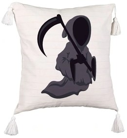 Perna Decorativa cu Franjuri cu motiv Fantoma de Halloween 3, 45x45 cm, Ecru, Cu fermoar