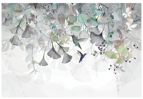 Tapet frunze cu colibri în gri-verde