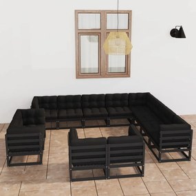 Set mobilier grădină cu perne, 12 piese, negru, lemn masiv pin