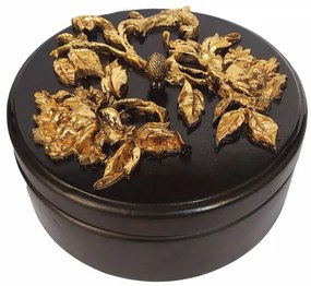 Caseta bijuterii,cutie lemn decorata cu flori aurii in relief pe capac,D20cm