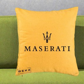 Perna Personalizata cu emblema Maserati, 40x40 cm, Galben, Husa Detasabila, Perna Inclusa, BEKZ®