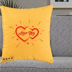 Cadou Romantic - Perna Personalizata Love You Doua Inimi, 40x40 cm, Galben, Husa Detasabila, Perna Inclusa, BEKZ®