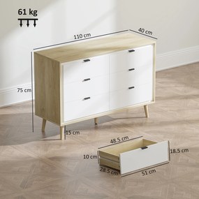 HOMCOM Comodă cu 6 Sertare din Lemn 110x40x75 cm Alb Lucios și Stejar | Aosom Romania