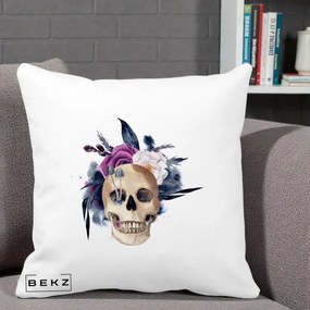 Perna Decorativa Craniu Floral cu Trandafiri si Ciuperci, 40x40 cm, Alba Mata, Husa Detasabila, Perna Inclusa, BEKZ®