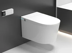 Vas toaletă inteligentă cu Bideu, Afișaj LED, Telecomandă, Sterilizare UV, Deschidere/Închidere automată, funcționare senzor picior, Control inteligent al Temperaturii, Uscare aer cald, Iluminare de noapte, Suspendat, Ceramică, Alb, 302
