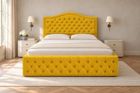 Pat tapițat Chesterfield din catifea Solaria Deluxe Cristal 160×200 cm, galben muștar, cu ladă de depozitare