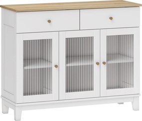 HOMCOM Bufet Bucătărie cu 2 Dulapuri și 2 Sertare, Uși din Sticlă Securizată Canelată, Bufet Sufragerie cu Rafturi Ajustabile, pentru Living sau Sufragerie, 100x35x80.3 cm, Alb și Stejar | Aosom Romania