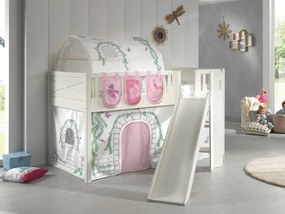 Set pat pentru copii SCOTT, alb, 90 x 200 cm, din pin scandinav și MDF, cu scară frontală, perdea de joacă BIRDY, tunel și buzunare de depozitare –