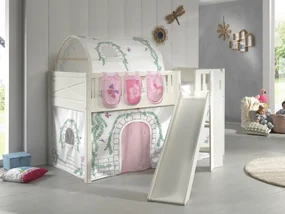 Set pat pentru copii SCOTT, alb, 90 x 200 cm, din pin scandinav și MDF, cu scară frontală, perdea de joacă BIRDY, tunel și buzunare de depozitare –