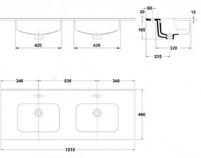 Lavoar dublu incastrat alb 120 cm Gala Smile 1210x460 mm