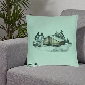 Perna Decorativa Cabana de Iarna in Padure, 40x40 cm, Verde Menta, Husa Detasabila, Perna Inclusa, BEKZ®