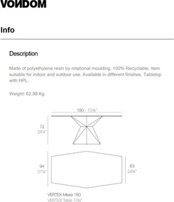 Masa dining de exterior / interior design ultra-modern premium 180x94cm VERTEX 51008 VONDOM