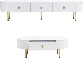 TV-dulap-masă de cafea-combinație, living-combinație cu sertare și colțuri rotunjite, Alb+Auriu