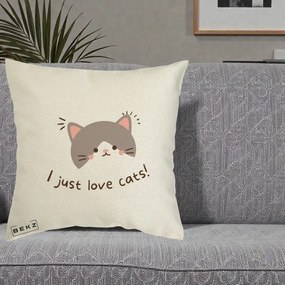 Perna Personalizata I Just Love Cats Pisica Kawaii, 40x40 cm, Ecru, Husa Detasabila, Perna Inclusa, BEKZ®