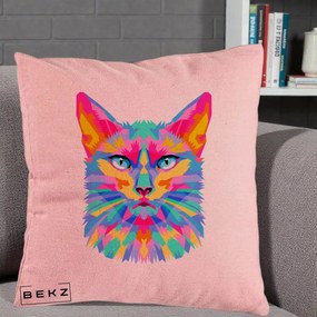 Perna Decorativa Pisica Pop Art Multicolor, 40x40 cm, Roz, Husa Detasabila, Perna Inclusa, BEKZ®