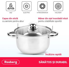 Oala Rosberg R51210O22, 3.6 L, 22x11.5 cm, Capac din sticla, Inox