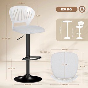 HOMCOM Set de 2 taburete de bar rotative 360°, reglabile 84-105 cm, spătar gol, suport picioare, alb | Aosom Romania