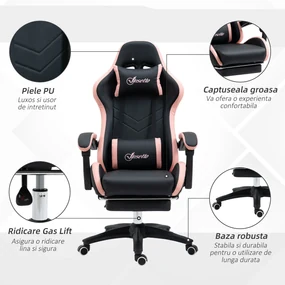 Scaun de Gaming Premium, Piele Ecologică PU, Oțel, Înălțime Ajustabilă, Spătar Inclinabil, 65x65x121-129 cm, Roz și Negru | Aosom Romania