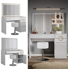SEA442 - Set Masa toaleta, 115 cm, cosmetica machiaj, oglinda LED, masuta vanity cu sau fara scaun - Alb Lucios