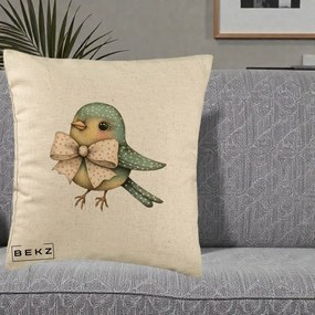 Perna Decorativa Pasare Teal cu Fundita cu Buline, 40x40 cm, Bej, Husa Detasabila, Perna Inclusa, BEKZ®